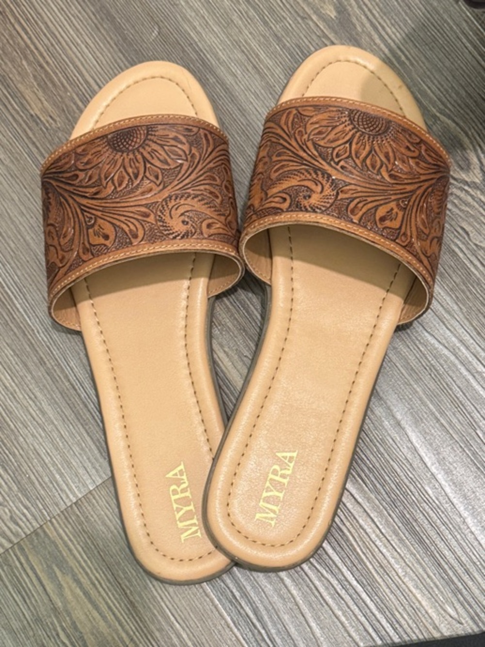 Myra Bag Brown Embossed Leather Slide Mules